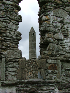St Kevin's round tower at Glendalough (10th Century).